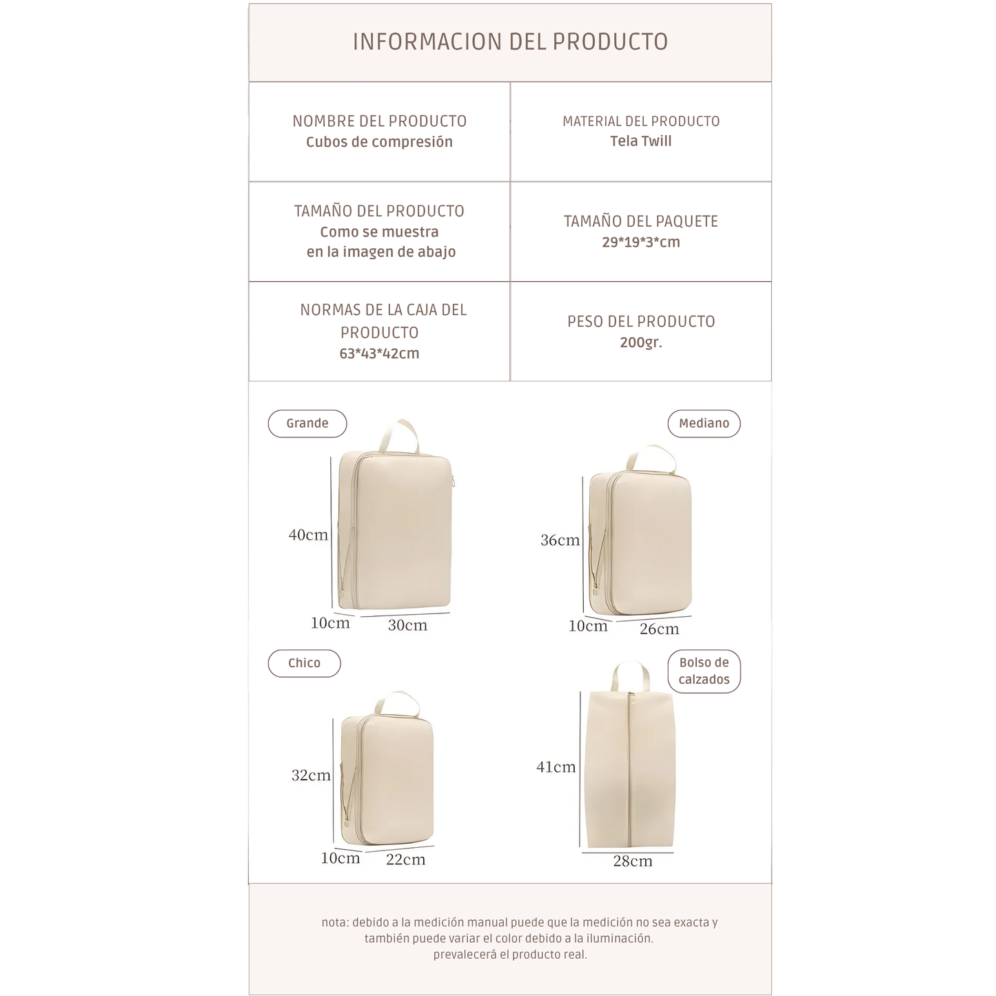 Set de 4 Cubos de Compresión para Viaje